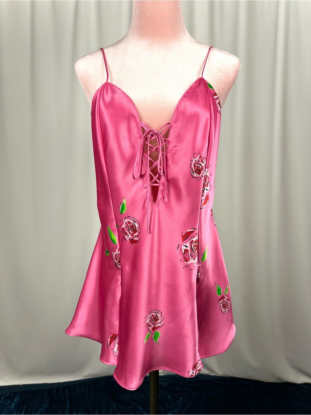 Vintage La Senza Pink Satin Rose Lace Up Babydoll Camisole Y2K Medium - Picture 2 of 16